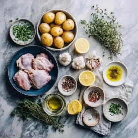 Step-by-step preparation of Honey Garlic Chicken Thighs with Potatoes showing ingredients and initial cooking steps