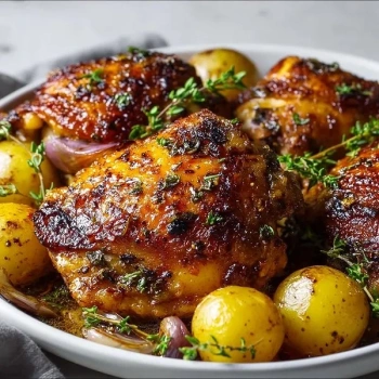 Perfectly cooked Honey Garlic Chicken Thighs with Potatoes served and ready to eat - final result