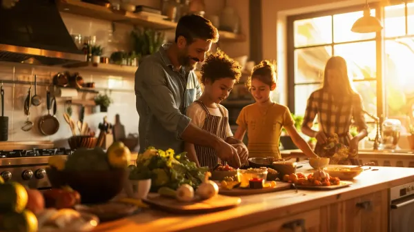 Family gathering around dinner table sharing a meal
