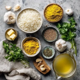 Step-by-step preparation of Turmeric Saffron Rice showing ingredients and initial cooking steps