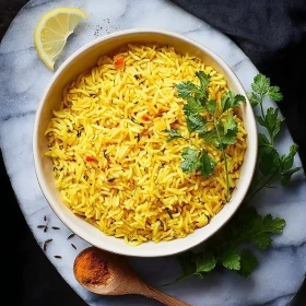 Cooking process for Turmeric Saffron Rice showing technique and proper timing